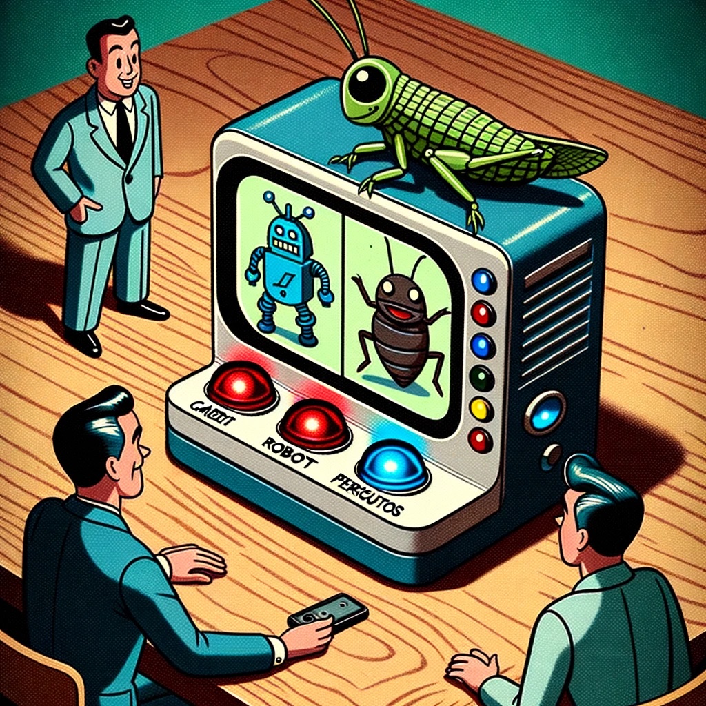 DALL·E 3 Prompt: Cartoon in a 1950s style featuring a compact electronic device with a camera module placed on a wooden table. The screen displays blue robots on one side and green periquitos on the other. LED lights on the device indicate classifications, while characters in retro clothing observe with interest.