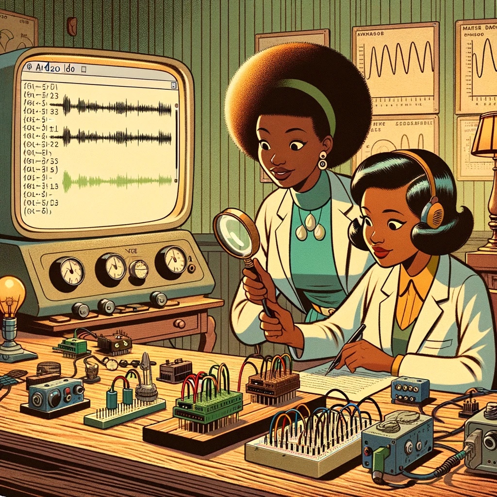 DALL¡E 3 Prompt: 1950s style cartoon scene set in a vintage audio research room. Two Afro-American female scientists are at the center. One holds a magnifying glass, closely examining ancient circuitry, while the other takes notes. On their wooden table, there are multiple boards with sensors, notably featuring a microphone. Behind these boards, a computer with a large, rounded back displays the Arduino IDE. The IDE showcases code for LED pin assignments and machine learning inference for voice command detection. A distinct window in the IDE, the Serial Monitor, reveals outputs indicating the spoken commands âyesâ and ânoâ. The room ambiance is nostalgic with vintage lamps, classic audio analysis tools, and charts depicting FFT graphs and time-domain curves.