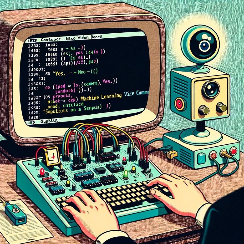 DALL·E 3 Prompt: Illustration reminiscent of a 1950s cartoon where the Arduino NICLA VISION board, equipped with various sensors including a camera, is the focal point on an old-fashioned desk. In the background, a computer screen with rounded edges displays the Arduino IDE. The code is related to LED configurations and machine learning voice command detection. Outputs on the Serial Monitor explicitly display the words ‘yes’ and ‘no’.