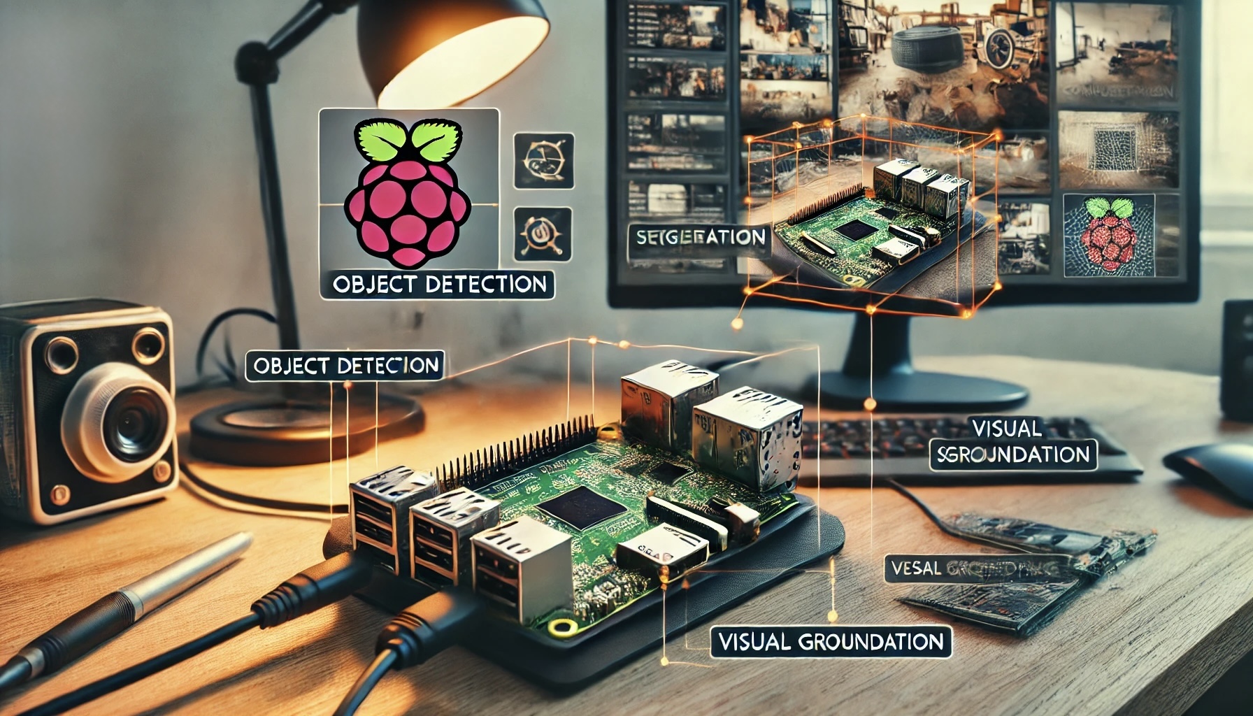 DALL·E prompt - A Raspberry Pi setup featuring vision tasks. The image shows a Raspberry Pi connected to a camera, with various computer vision tasks displayed visually around it, including object detection, image captioning, segmentation, and visual grounding. The Raspberry Pi is placed on a desk, with a display showing bounding boxes and annotations related to these tasks. The background should be a home workspace, with tools and devices typically used by developers and hobbyists.