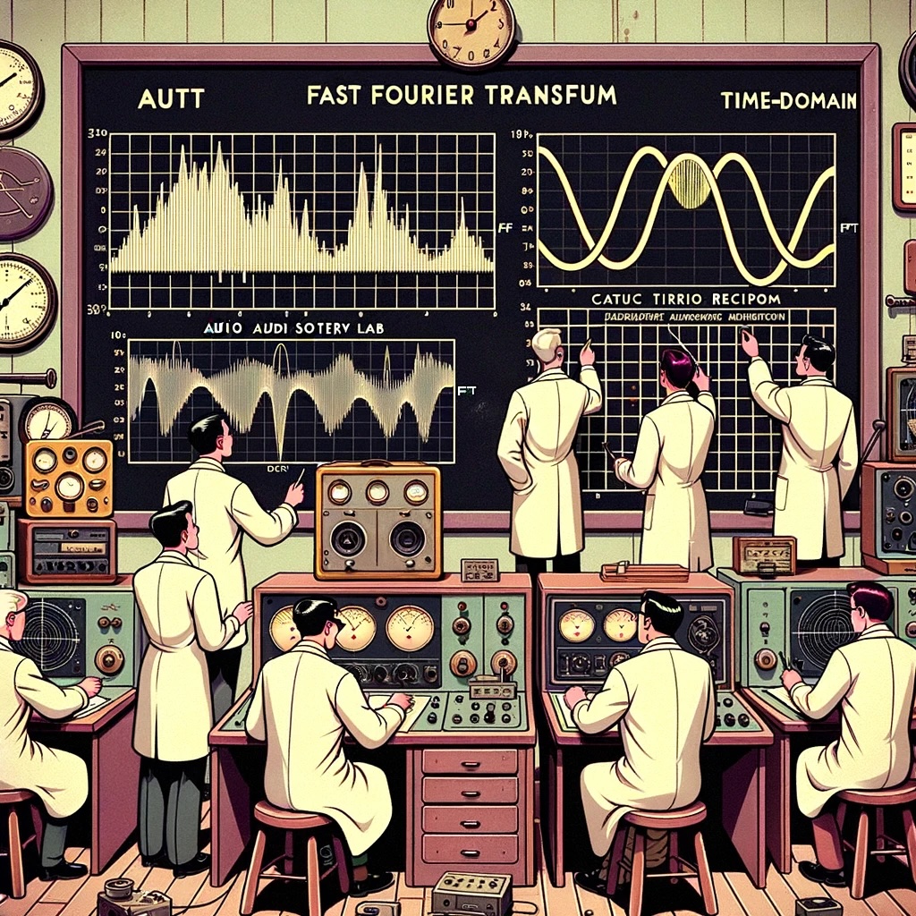 DALL·E prompt - 1950s style cartoon illustration set in a vintage audio lab. Scientists, dressed in classic attire with white lab coats, are intently analyzing audio data on large chalkboards. The boards display intricate FFT (Fast Fourier Transform) graphs and time-domain curves. Antique audio equipment is scattered around, but the data representations are clear and detailed, indicating their focus on audio analysis.