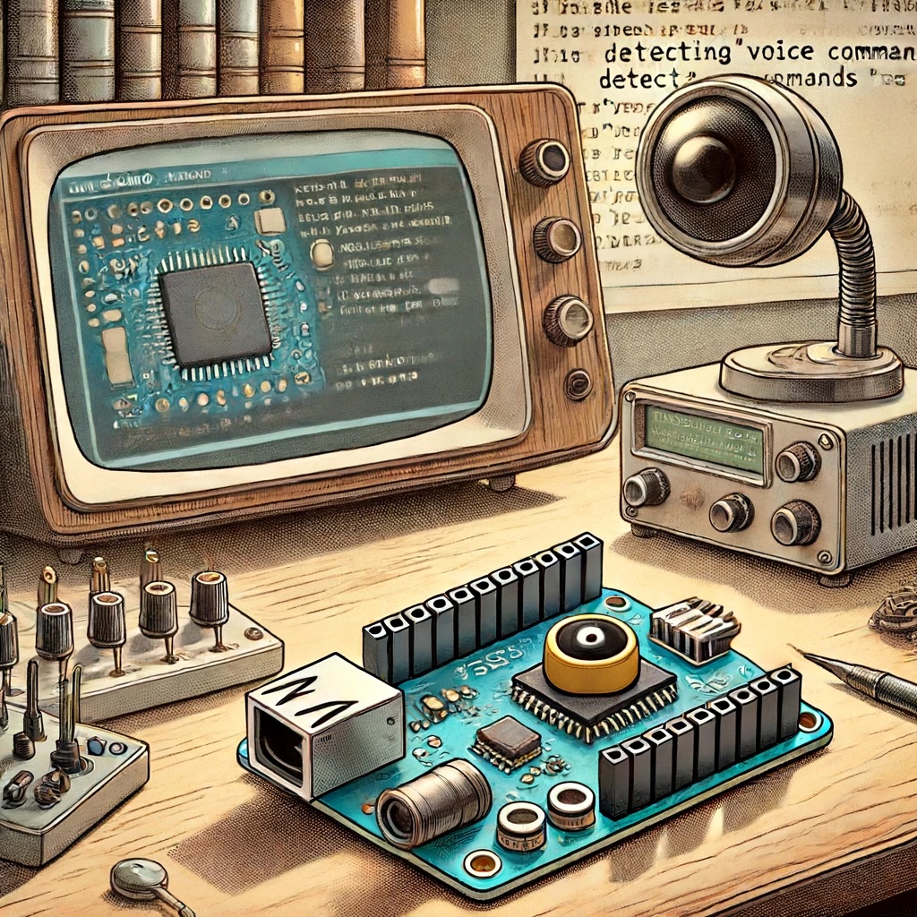 DALL·E prompt - 1950s cartoon-style drawing of a XIAO ESP32S3 board with a distinctive camera module, as shown in the image provided. The board is placed on a classic lab table with various sensors, including a microphone. Behind the board, a vintage computer screen displays the Arduino IDE in muted colors, with code focusing on LED pin setups and machine learning inference for voice commands. The Serial Monitor on the IDE showcases outputs detecting voice commands like âyesâ and ânoâ. The scene merges the retro charm of mid-century labs with modern electronics.