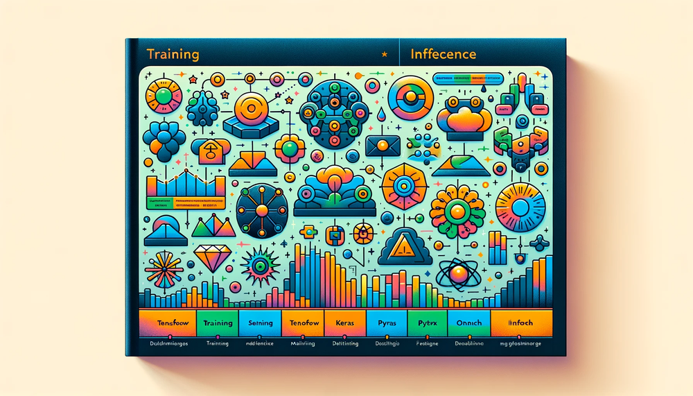 Colorful illustration showing machine learning framework concepts with icons representing TensorFlow, Keras, PyTorch, and other tools, featuring geometric shapes, charts, and training and inference workflow labels.