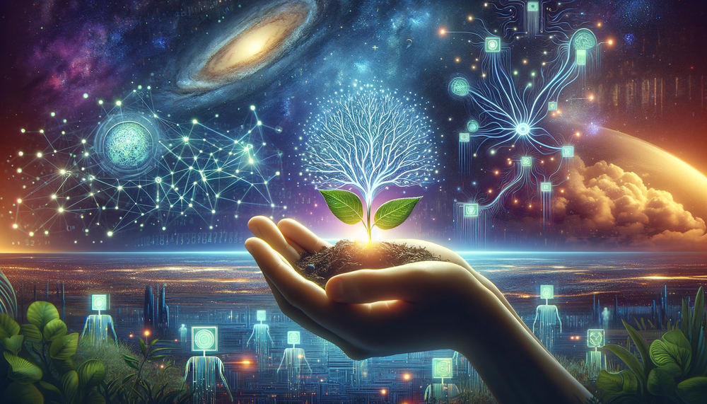 Hand cradling a green seedling beneath a glowing white tree structure. Cosmic backdrop with galaxy, network nodes, planet, and industrial structures with smokestacks on the horizon.