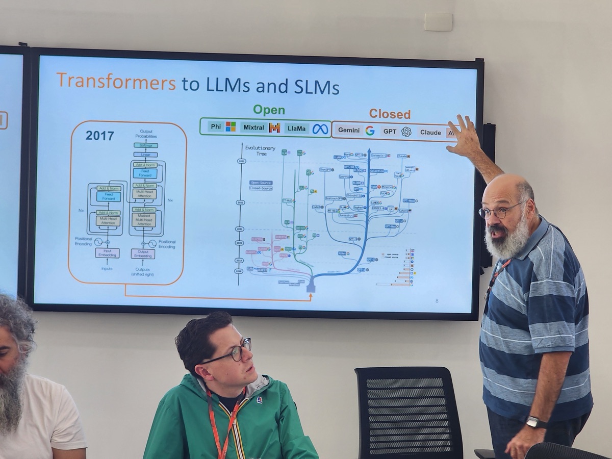 Instructor presenting Transformers to LLMs and SLMs timeline at workshop in Brazil
