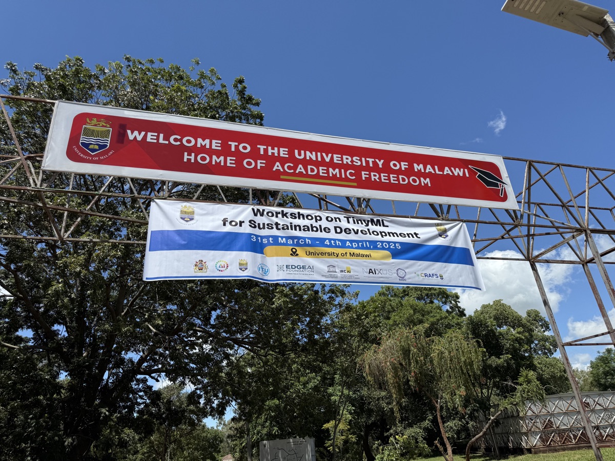 University of Malawi entrance with TinyML for Sustainable Development workshop banner