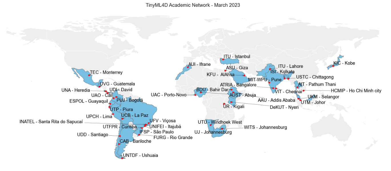 World map showing 40+ TinyML4D Academic Network partner universities across North America, Latin America, Europe, Africa, and Asia.