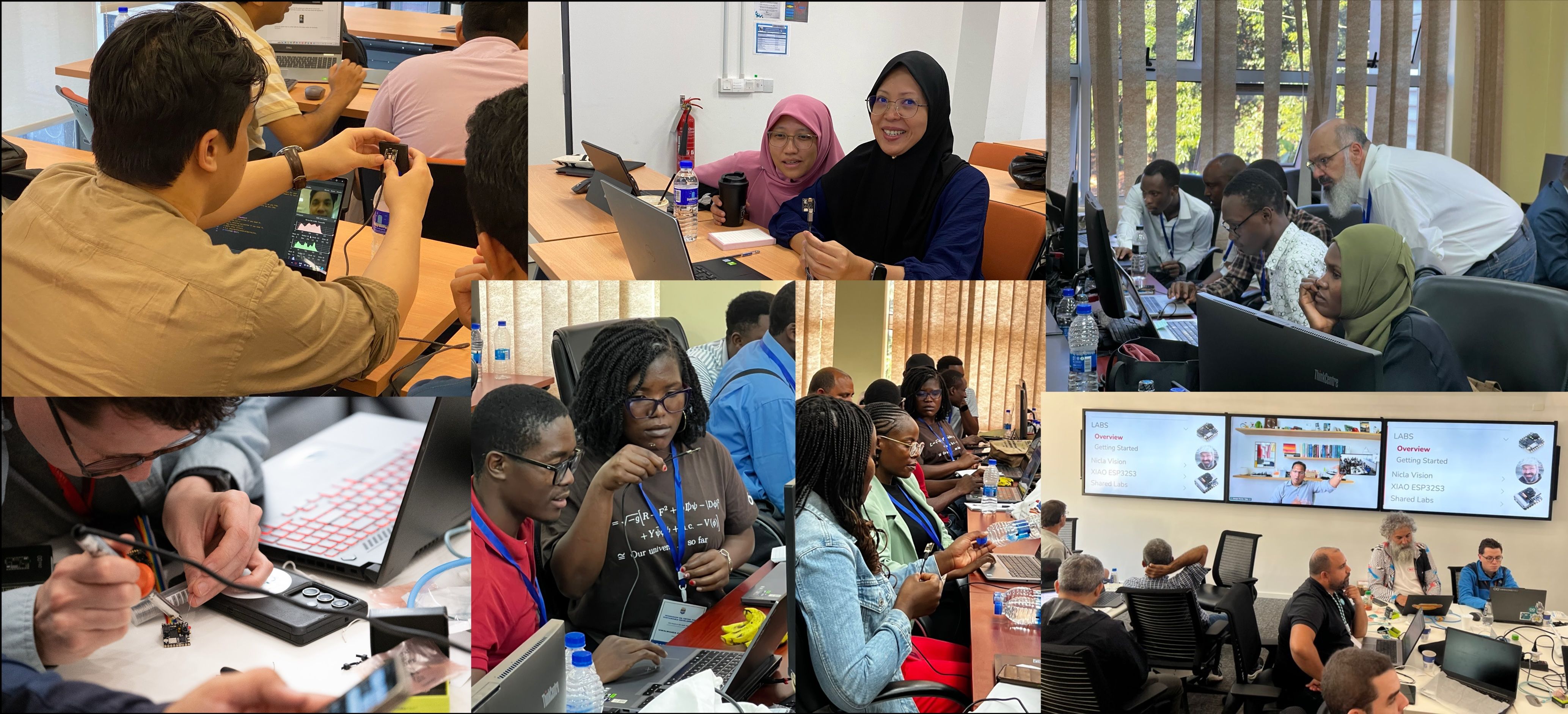 Collage of ML systems workshops across five continents showing students and educators working with hardware kits and laptops