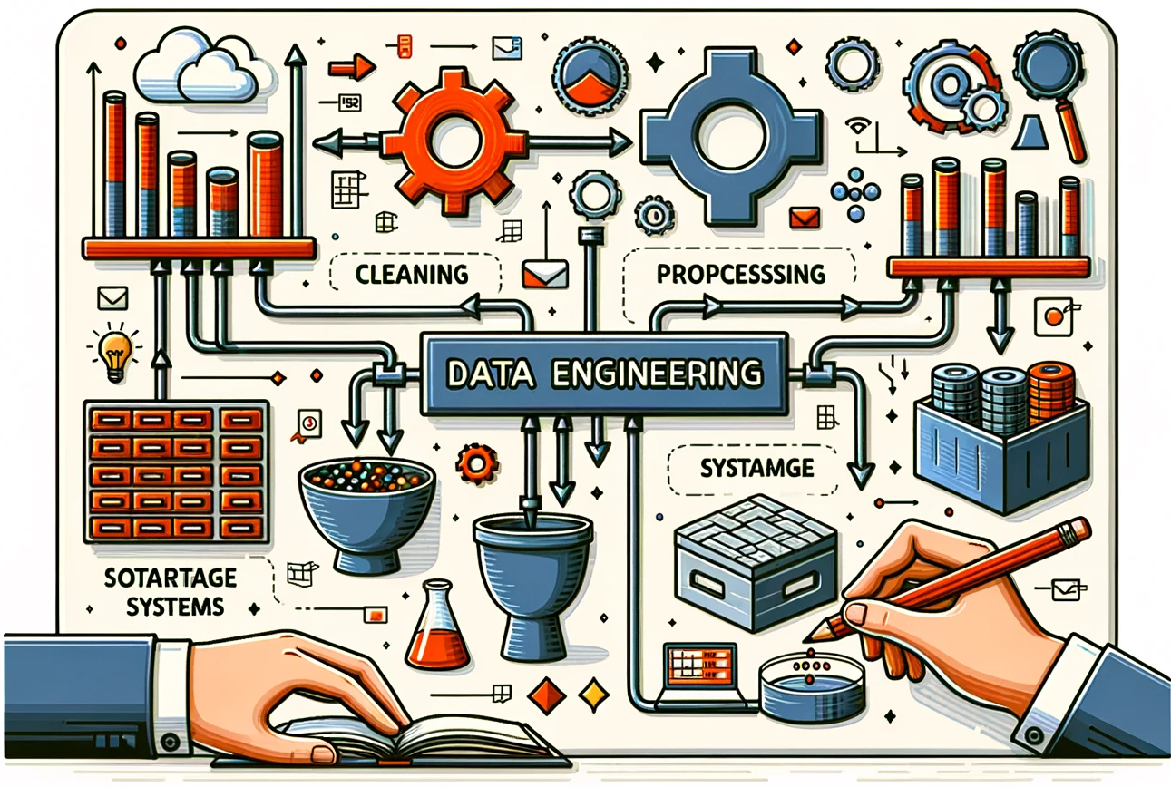 DALL·E 3 Prompt: Create a rectangular illustration visualizing the concept of data engineering. Include elements such as raw data sources, data processing pipelines, storage systems, and refined datasets. Show how raw data is transformed through cleaning, processing, and storage to become valuable information that can be analyzed and used for decision-making.