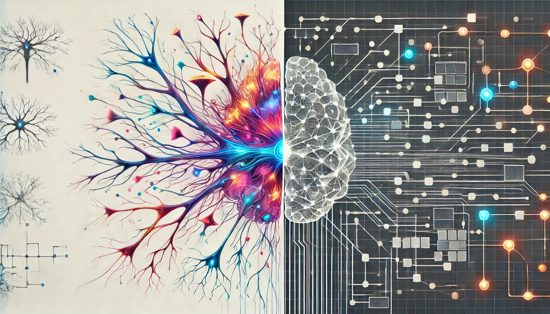 DALL·E 3 Prompt: A rectangular illustration divided into two halves on a clean white background. The left side features a detailed and colorful depiction of a biological neural network, showing interconnected neurons with glowing synapses and dendrites. The right side displays a sleek and modern artificial neural network, represented by a grid of interconnected nodes and edges resembling a digital circuit. The transition between the two sides is distinct but harmonious, with each half clearly illustrating its respective theme: biological on the left and artificial on the right.
