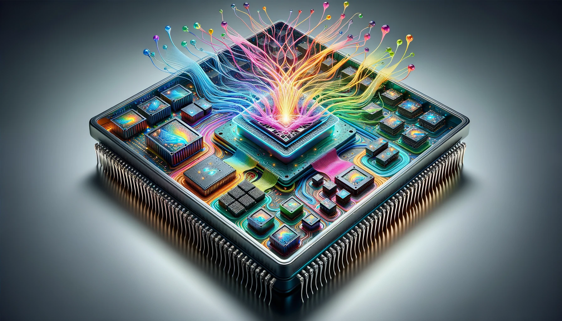 DALL·E 3 Prompt: Create an intricate and colorful representation of a System on Chip (SoC) design in a rectangular format. Showcase a variety of specialized machine learning accelerators and chiplets, all integrated into the processor. Provide a detailed view inside the chip, highlighting the rapid movement of electrons. Each accelerator and chiplet should be designed to interact with neural network neurons, layers, and activations, emphasizing their processing speed. Depict the neural networks as a network of interconnected nodes, with vibrant data streams flowing between the accelerator pieces, showcasing the enhanced computation speed.