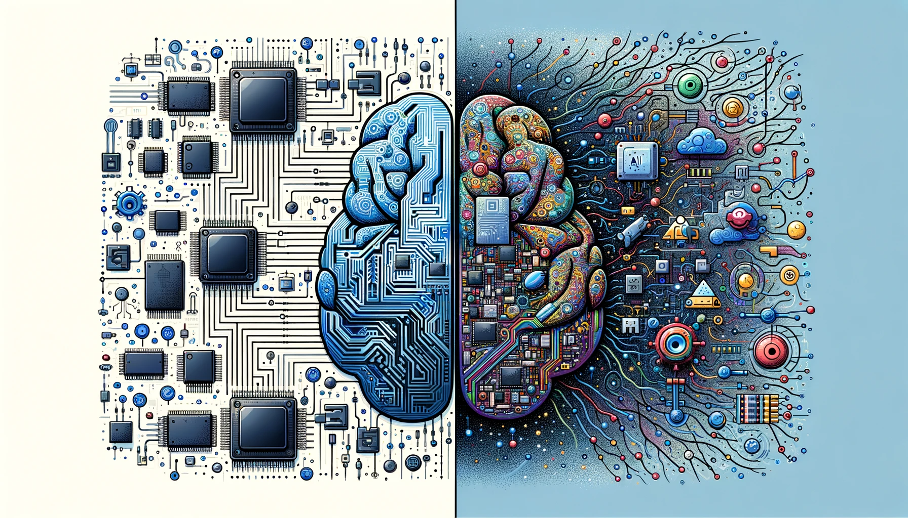 DALL·E 3 Prompt: Illustration in a rectangular format depicting the merger of embedded systems with Embedded AI. The left half of the image portrays traditional embedded systems, including microcontrollers and processors, detailed and precise. The right half showcases the world of artificial intelligence, with abstract representations of machine learning models, neurons, and data flow. The two halves are distinctly separated, emphasizing the individual significance of embedded tech and AI, but they come together in harmony at the center.