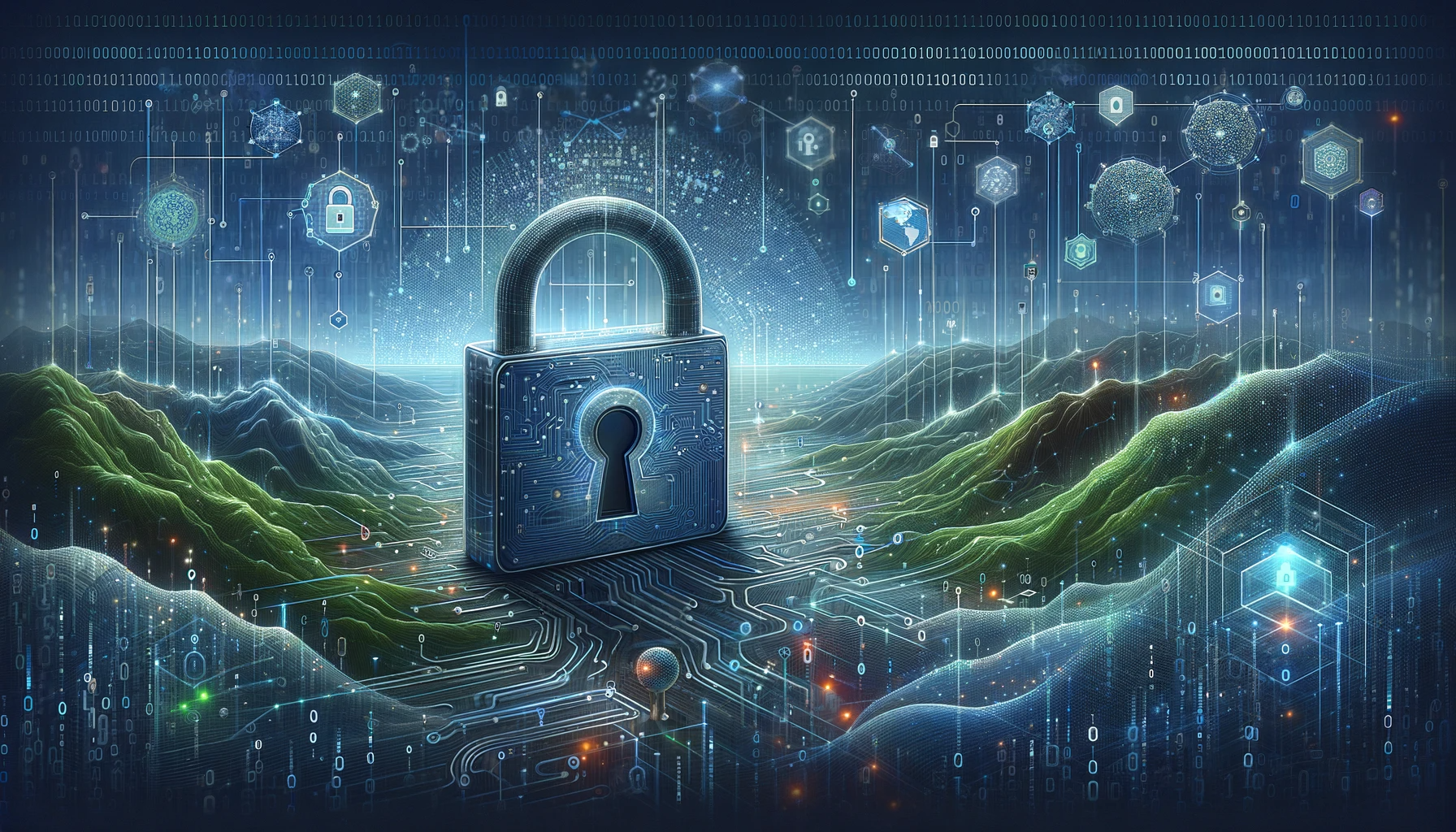 DALL·E 3 Prompt: An illustration on privacy and security in machine learning systems. The image shows a digital landscape with a network of interconnected nodes and data streams, symbolizing machine learning algorithms. In the foreground, there’s a large lock superimposed over the network, representing privacy and security. The lock is semi-transparent, allowing the underlying network to be partially visible. The background features binary code and digital encryption symbols, emphasizing the theme of cybersecurity. The color scheme is a mix of blues, greens, and grays, suggesting a high-tech, digital environment.