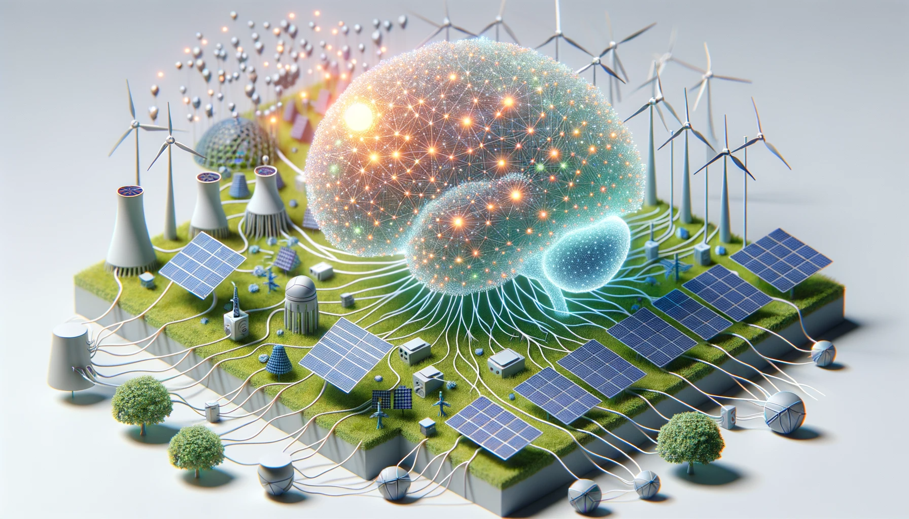 DALL·E 3 Prompt: 3D illustration on a light background of a sustainable AI network interconnected with a myriad of eco-friendly energy sources. The AI actively manages and optimizes its energy from sources like solar arrays, wind turbines, and hydro dams, emphasizing power efficiency and performance. Deep neural networks spread throughout, receiving energy from these sustainable resources.