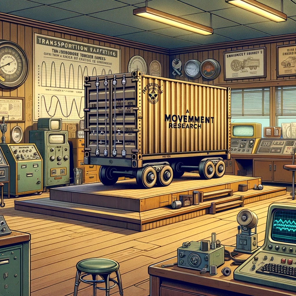 DALL·E 3 Prompt: 1950s style cartoon illustration depicting a movement research room. In the center of the room, there’s a simulated container used for transporting goods on trucks, boats, and forklifts. The container is detailed with rivets and markings typical of industrial cargo boxes. Around the container, the room is filled with vintage equipment, including an oscilloscope, various sensor arrays, and large paper rolls of recorded data. The walls are adorned with educational posters about transportation safety and logistics. The overall ambiance of the room is nostalgic and scientific, with a hint of industrial flair.