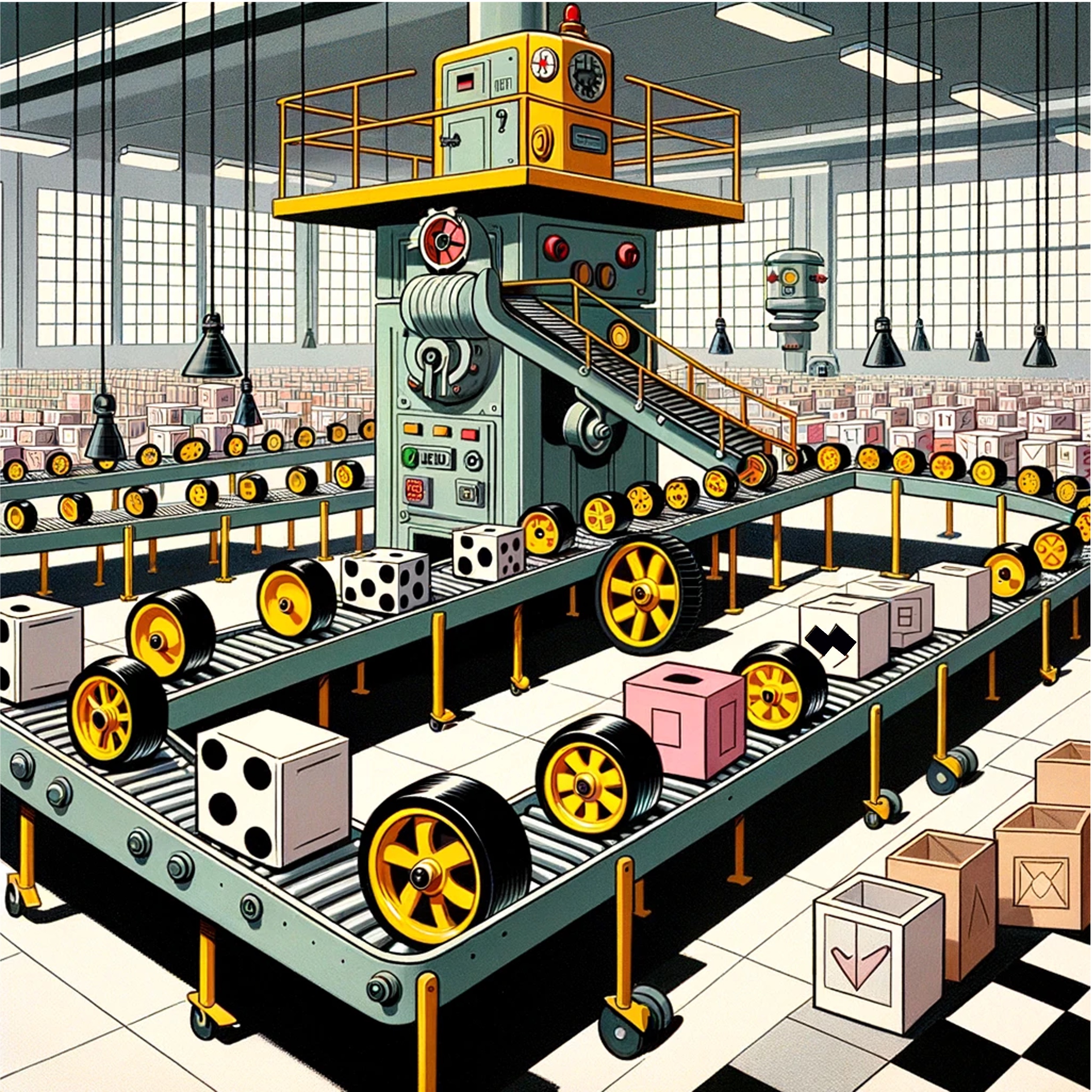 DALL·E 3 Prompt: Cartoon in the style of the 1940s or 1950s showcasing a spacious industrial warehouse interior. A conveyor belt is prominently featured, carrying a mixture of toy wheels and boxes. The wheels are distinguishable with their bright yellow centers and black tires. The boxes are white cubes painted with alternating black and white patterns. At the end of the moving conveyor stands a retro-styled robot, equipped with tools and sensors, diligently classifying and counting the arriving wheels and boxes. The overall aesthetic is reminiscent of mid-century animation with bold lines and a classic color palette.