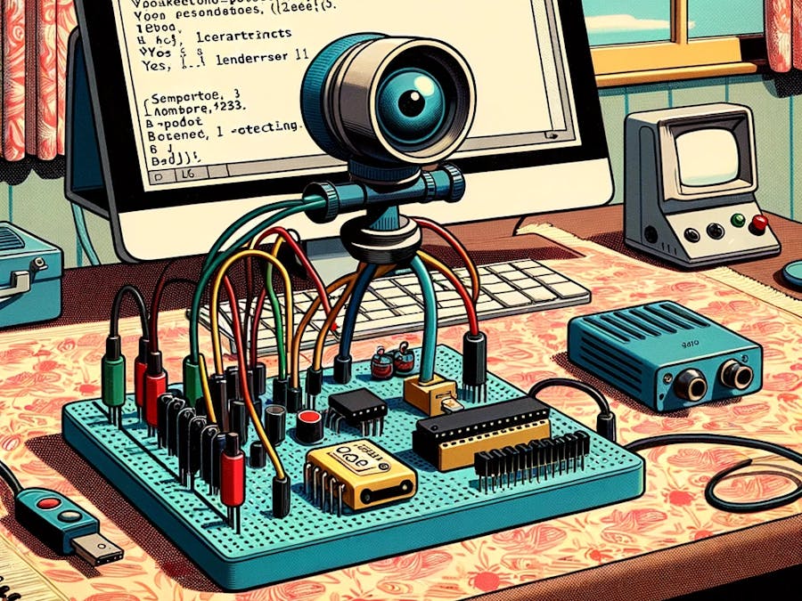 DALL·E prompt - Cartoon styled after 1950s animations, showing a detailed board with sensors, particularly a camera, on a table with patterned cloth. Behind the board, a computer with a large back showcases the Arduino IDE. The IDE’s content hints at LED pin assignments and machine learning inference for detecting spoken commands. The Serial Monitor, in a distinct window, reveals outputs for the commands ‘yes’ and ‘no’.