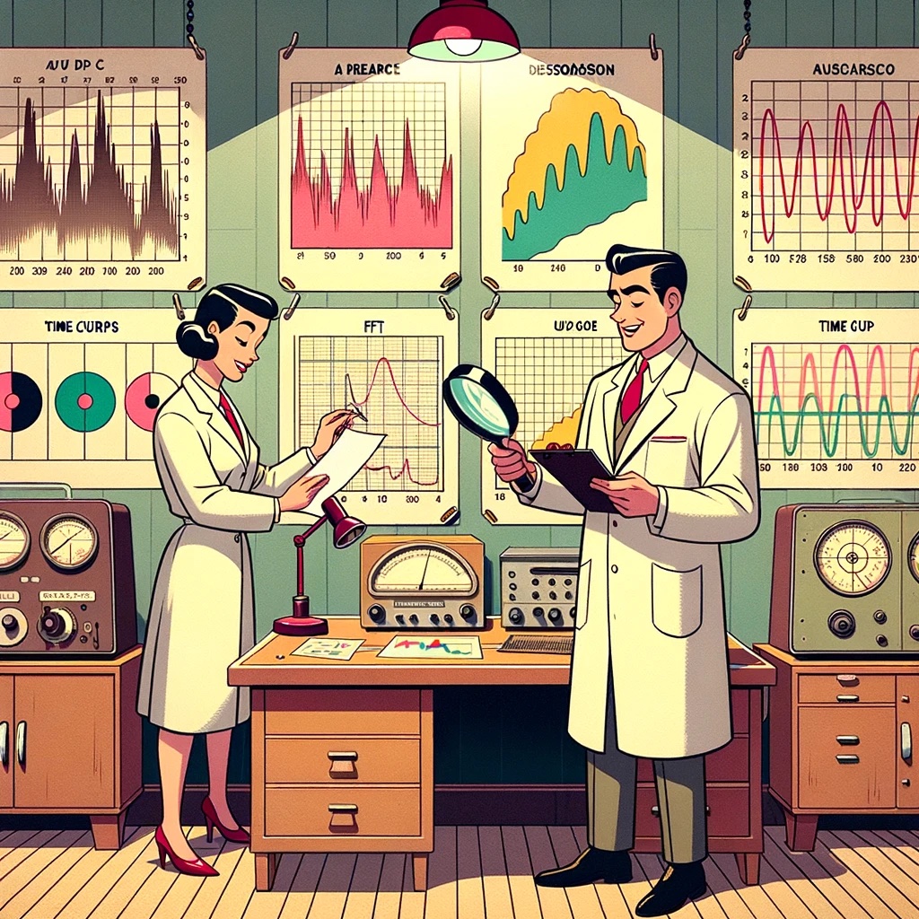 DALL·E 3 Prompt: 1950s style cartoon scene set in an audio research room. Two scientists, one holding a magnifying glass and the other taking notes, examine large charts pinned to the wall. These charts depict FFT graphs and time curves related to audio data analysis. The room has a retro ambiance, with wooden tables, vintage lamps, and classic audio analysis tools.
