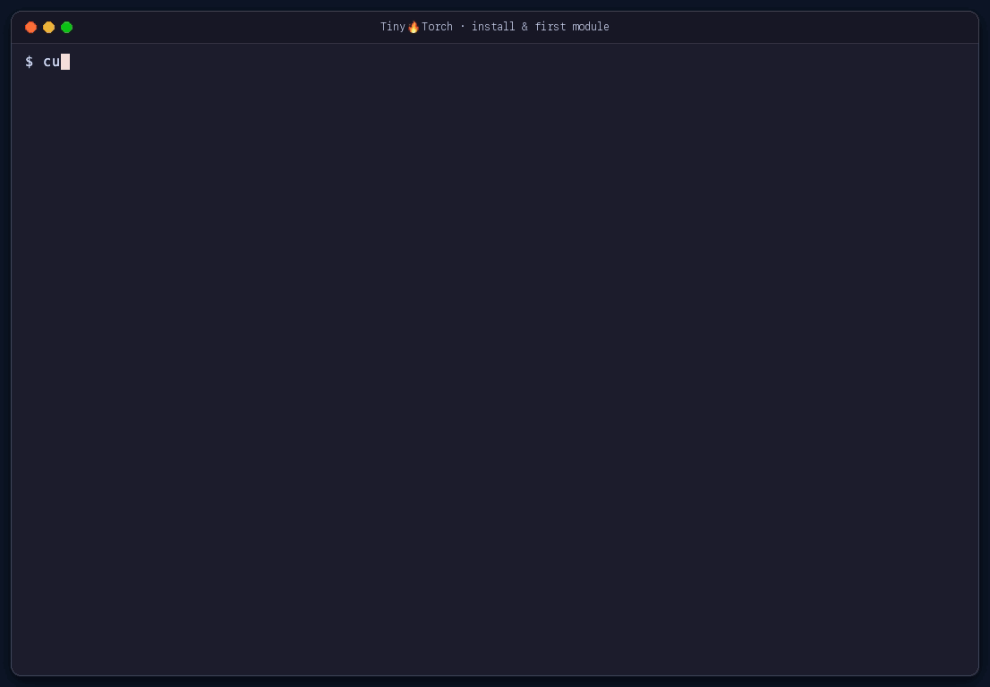 Real TinyTorch install from one curl command, then tito setup and completing Module 01 (Tensor) with its tests