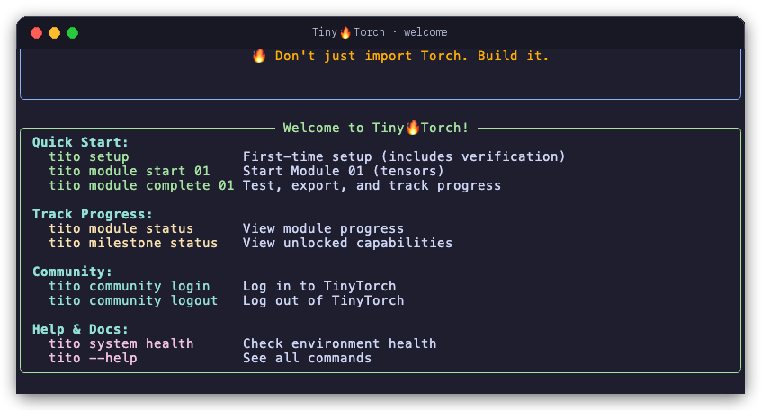 Terminal output of tito: the TinyTorch banner and a welcome panel listing tito setup, tito module start and complete, tito module status, tito milestone status, the community login and logout commands, tito system health, and tito --help.