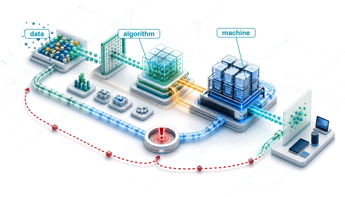 Isometric blueprint atlas showing raw data flowing through a model core, machine platform, deployment endpoint, and feedback loop as one connected ML system.