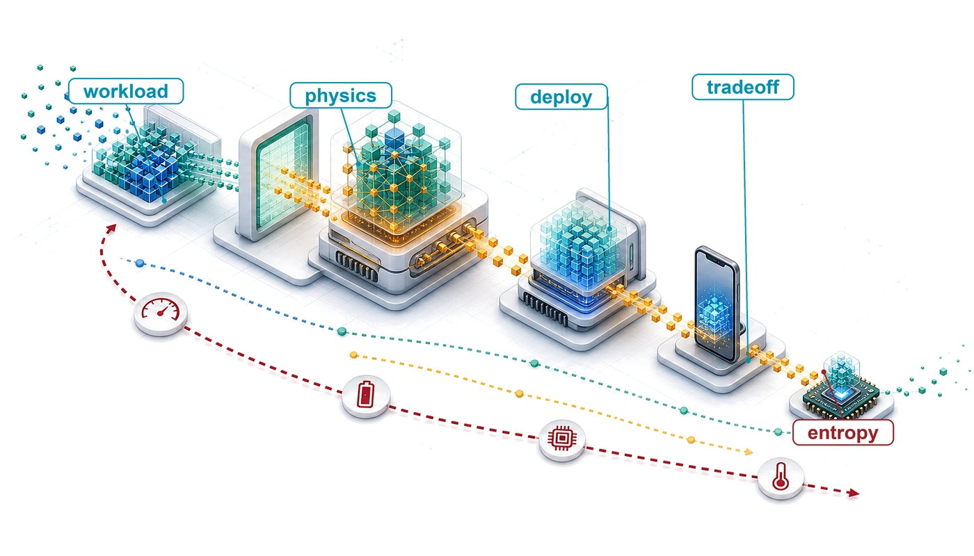 Isometric blueprint showing one model artifact moving across cloud, edge, mobile, and tiny-device deployment environments with shrinking resource envelopes.
