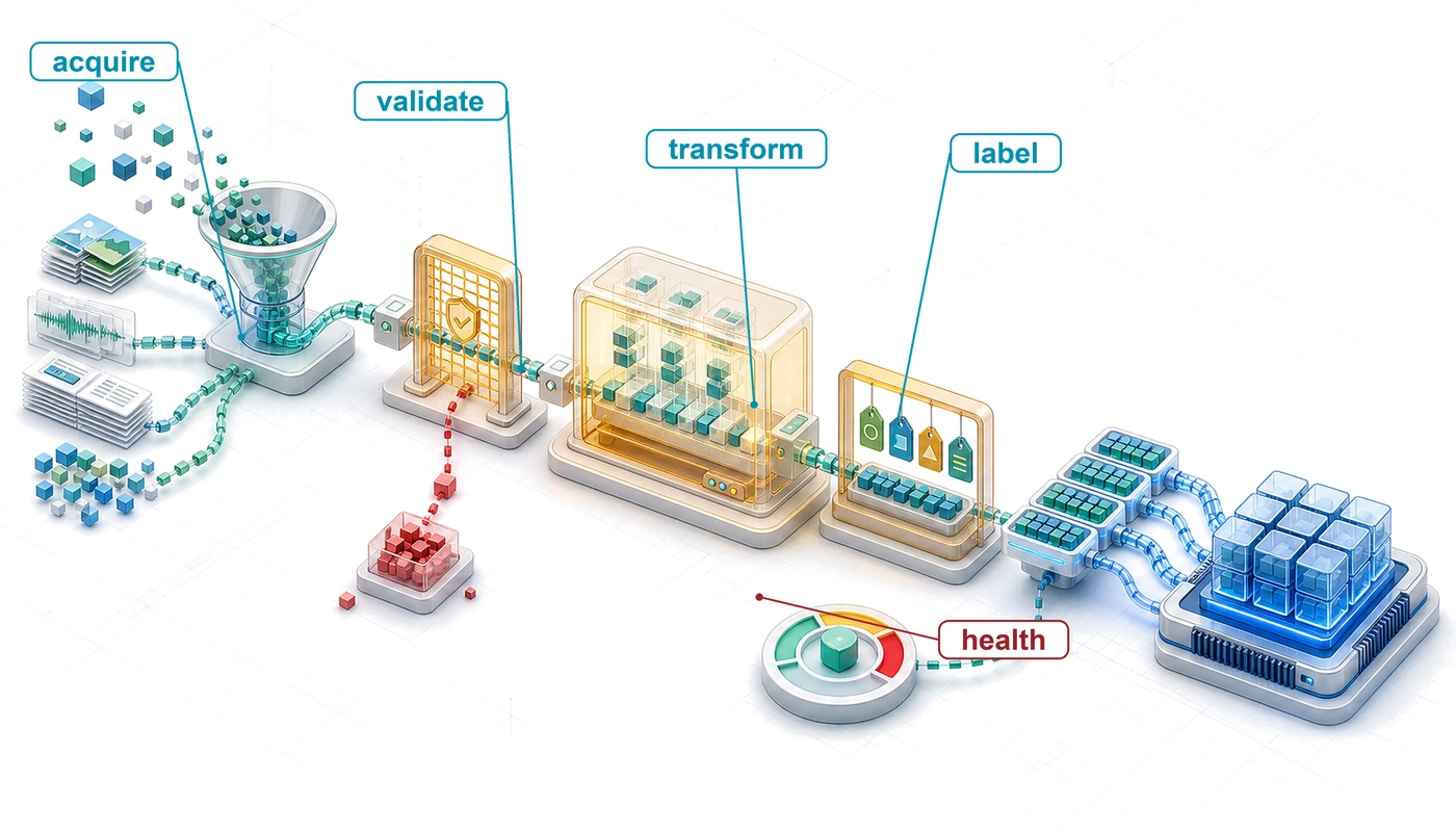 Isometric data refinery where raw mixed data passes through validation, schema alignment, transformation, batching, and an accelerator-ready feed.