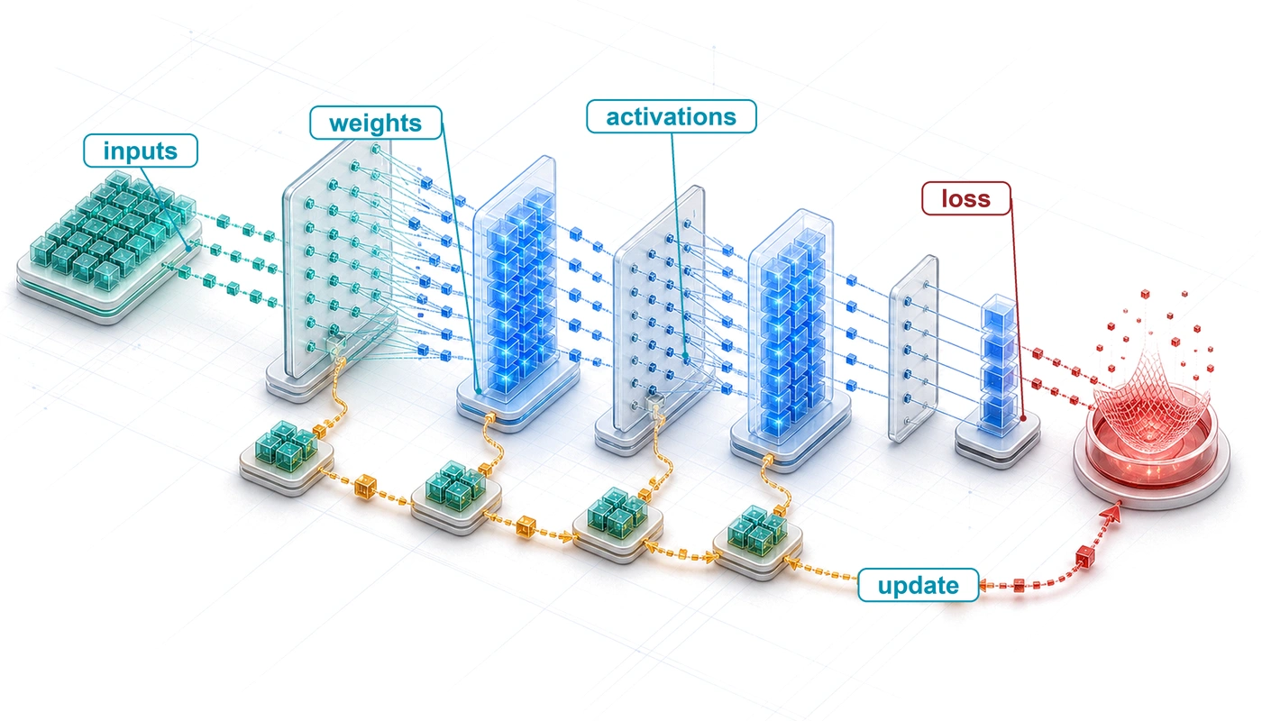 Layered isometric blueprint of neural computation where inputs move through weighted layers, activations form, and a loss signal returns through the model.