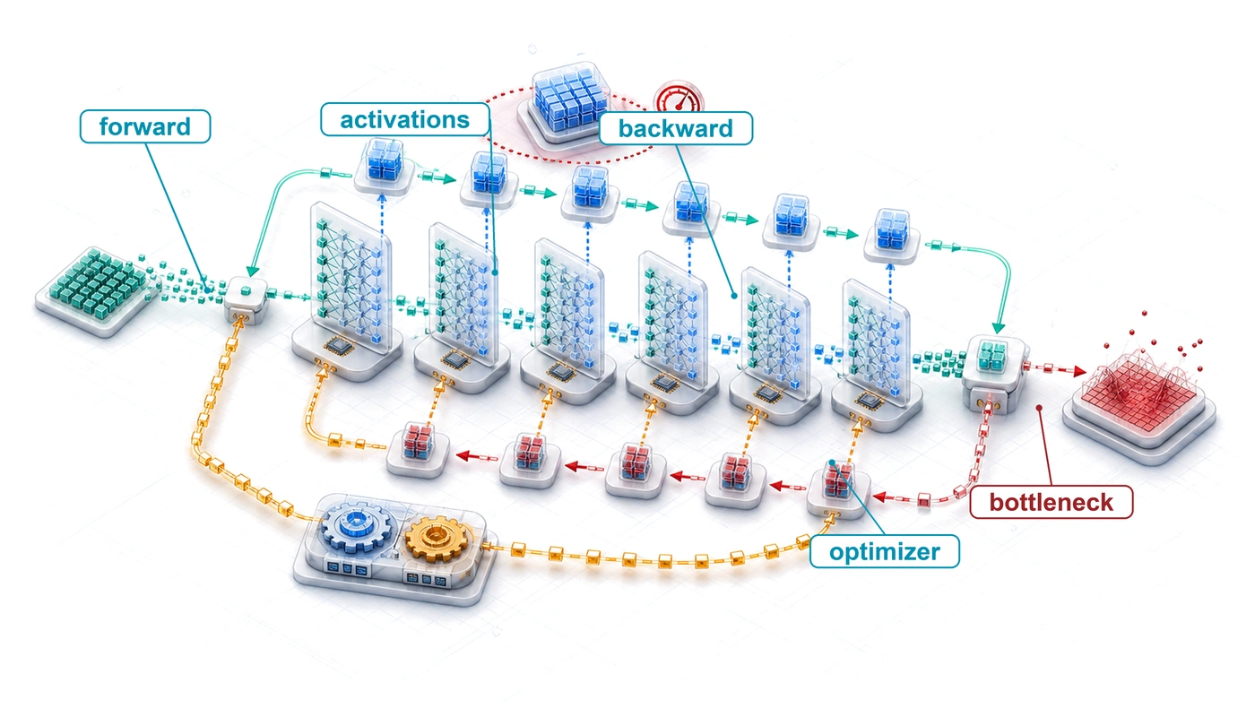 Isometric training cutaway showing a forward pass storing activations, a loss signal, returning gradients, and weight updates.