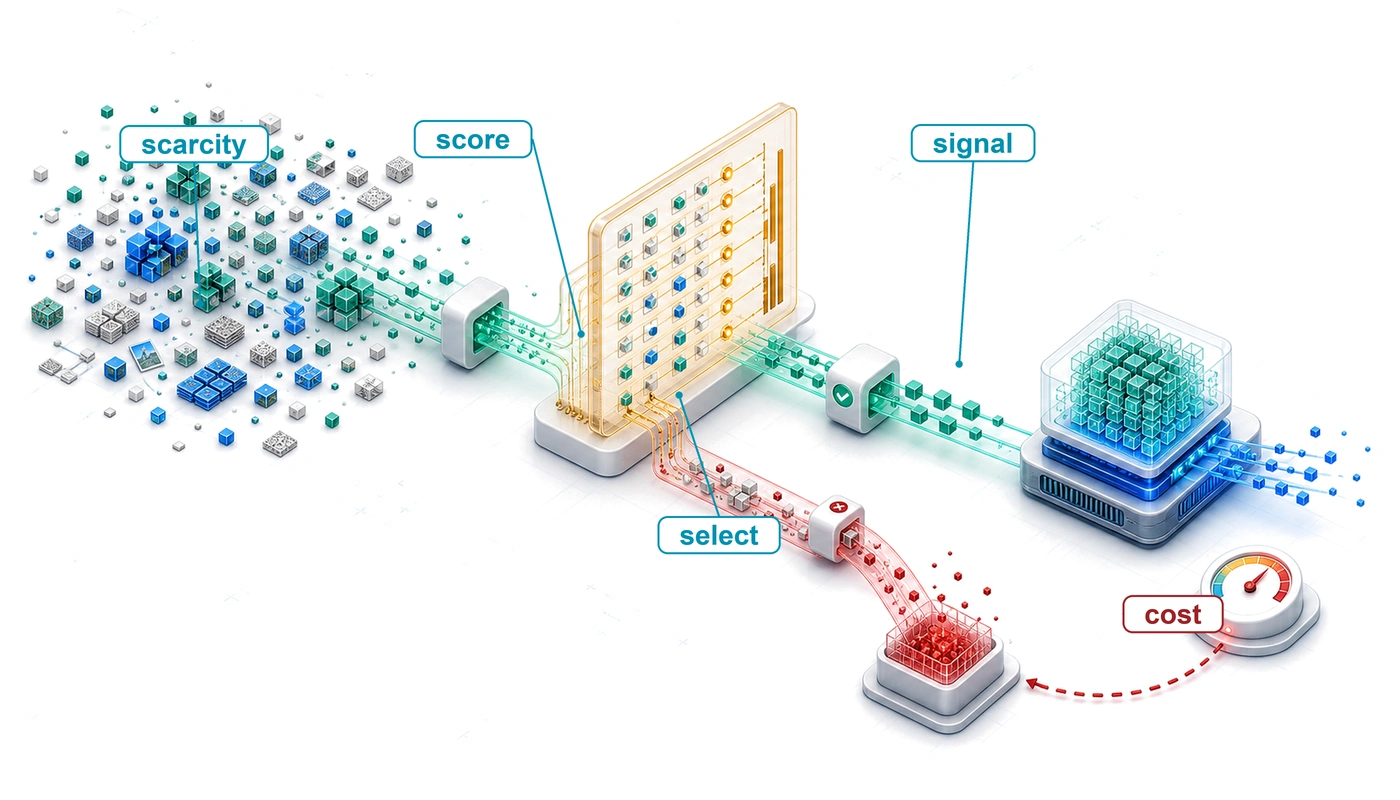 Isometric diagram of many scattered cubes flowing through a scoring panel and two gates. A smaller green stream enters a blue processing block, while a red stream diverts downward. Labels read scarcity, score, select, signal, and cost.