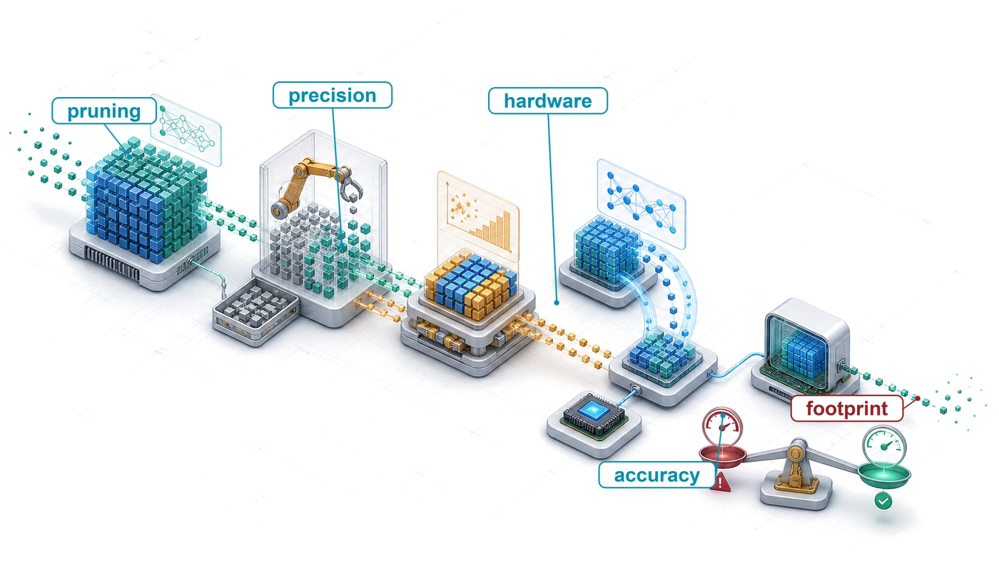 Isometric compression workshop where a large model passes through pruning, distillation, and quantization stations before fitting into a constrained device envelope.