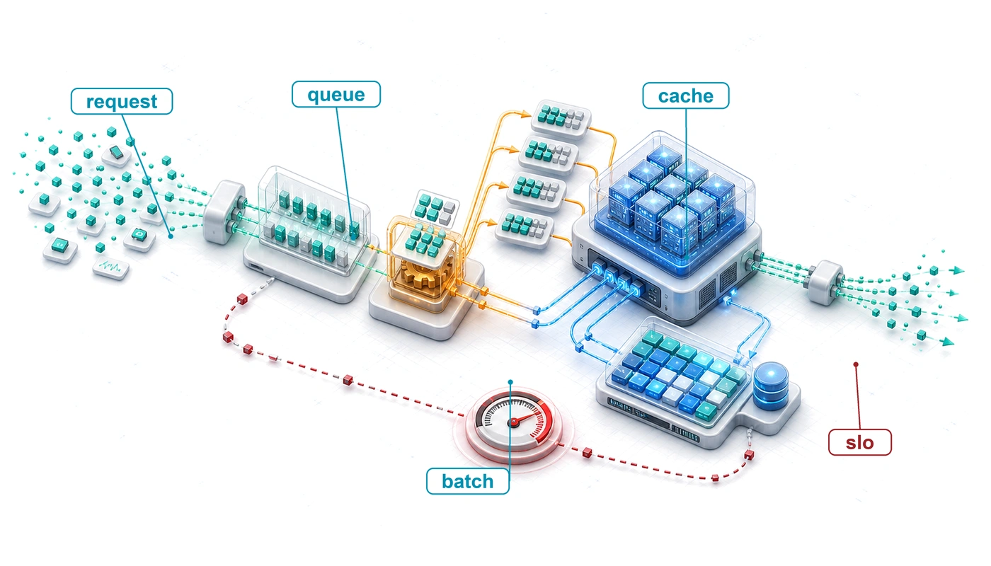 Isometric serving pipeline where variable requests become scheduled batches, occupy cache pages, run through inference workers, and return responses under latency pressure.