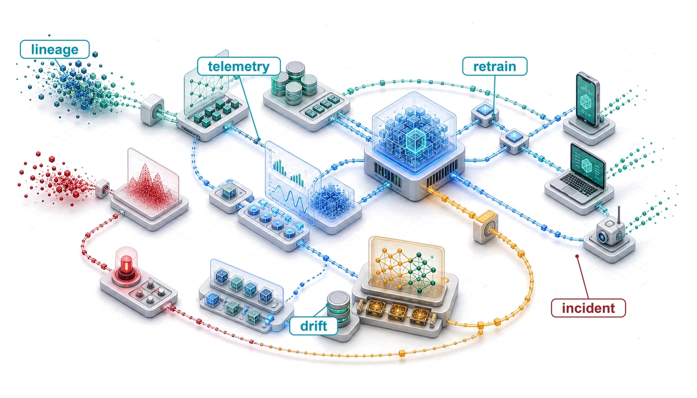 Isometric operations loop around a deployed model service with telemetry, monitoring, drift response, retraining, and deployment updates.