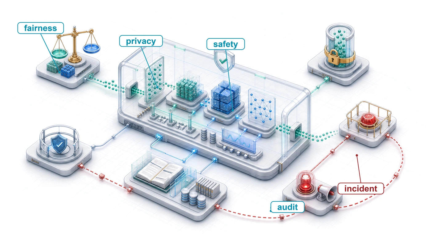 Isometric governed ML system chamber with fairness checks, safety rails, audit records, privacy boundaries, and incident response paths around a deployed pipeline.