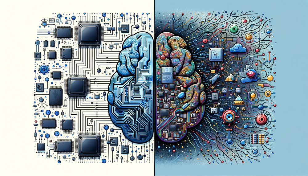 Split-brain illustration with the left hemisphere showing circuit board patterns and processors on a white background, and the right hemisphere displaying a colorful neural network with various AI application icons and data connections on a blue background.