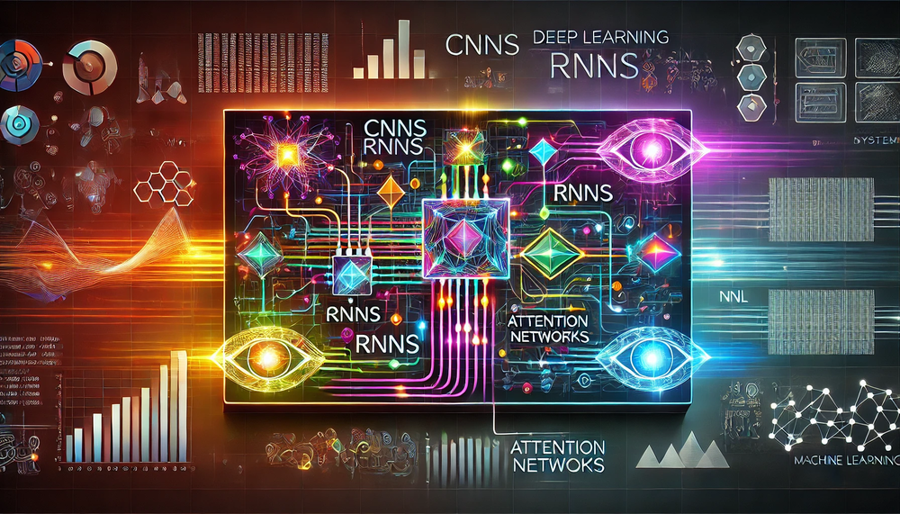 Vibrant digital collage featuring deep learning architecture labels including CNNs, RNNs, and Attention Networks, with glowing neural network nodes and colorful data visualization elements.