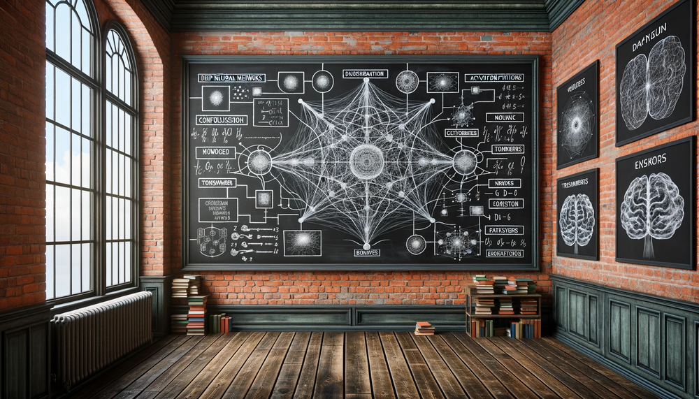 Classroom scene with a large blackboard displaying neural network diagrams, mathematical equations, and deep learning concepts, with brain illustrations on side panels and stacks of books below.