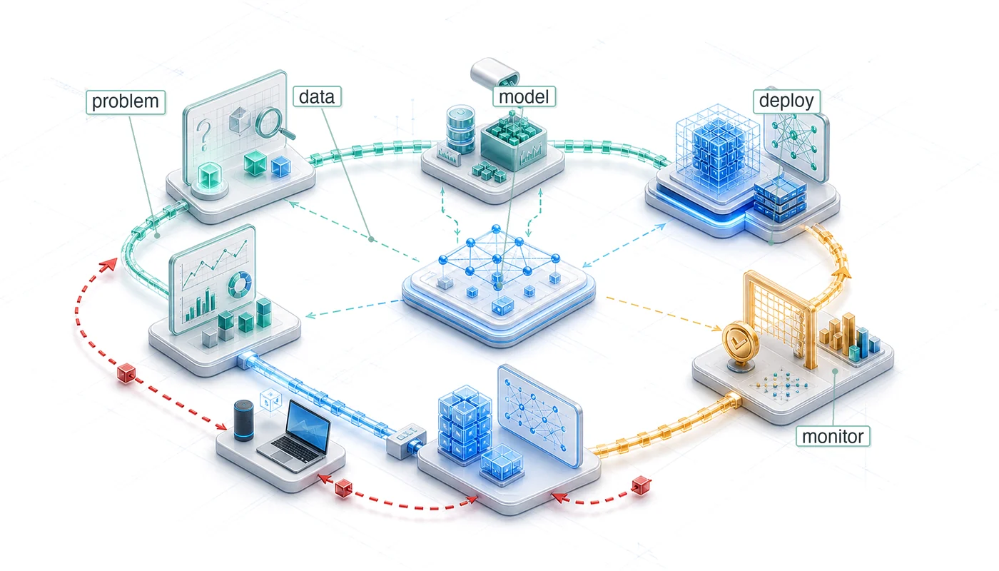 Isometric blueprint of an ML workflow loop connecting definition, data, training, deployment, monitoring, and feedback around a central model workbench.