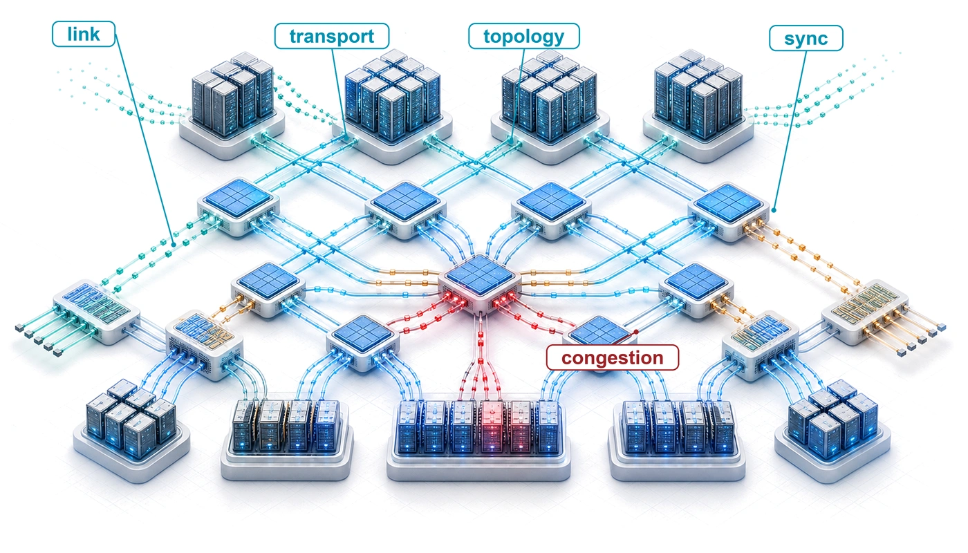Isometric network fabric map connecting accelerator racks through elevated fabric layers with synchronization paths and a congestion constraint.