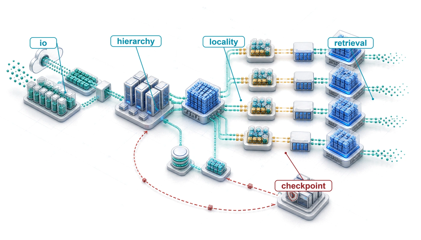 Fleet storage fuel-line hierarchy where data moves from object storage through NVMe, DRAM, and HBM tiers into accelerator workers.