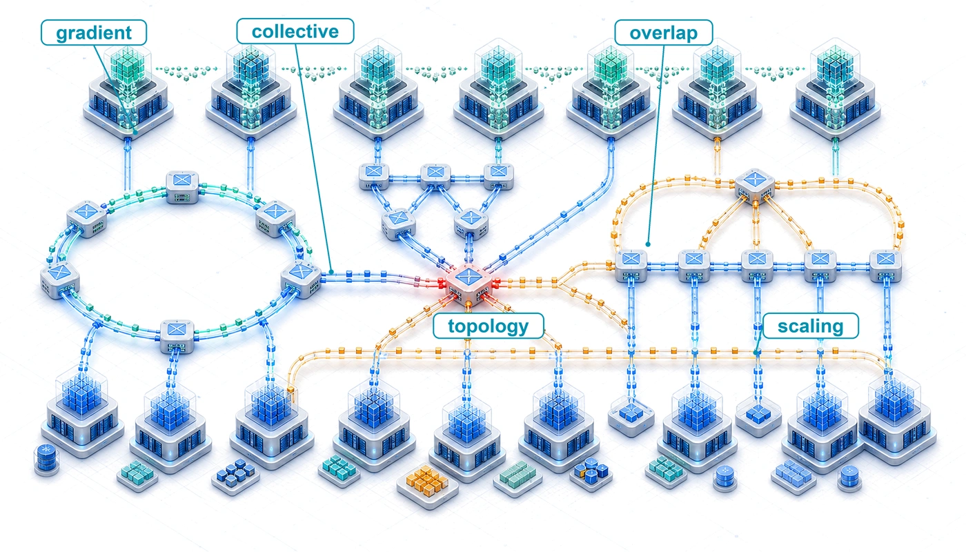 Collective communication topology map where gradient fragments circulate through ring and tree reduction paths before broadcasting synchronized state.