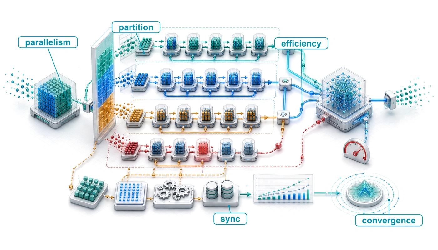 Isometric distributed training map showing a large workload partitioned across accelerators along data, tensor, and pipeline axes with synchronization paths.