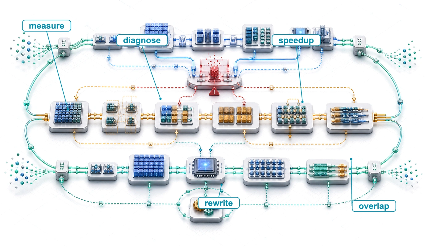 Performance engineering workbench where a fleet workload is measured, bottlenecks are diagnosed, and tiling, fusion, memory, and scheduling rewrites improve the path.