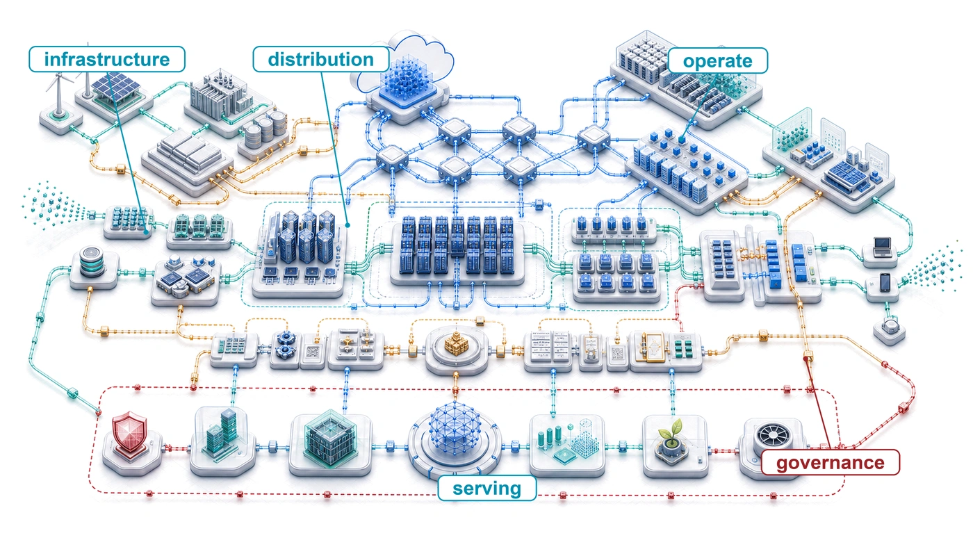 Blueprint-style fleet-scale ML systems map with labeled areas for infrastructure, fabric, storage, distributed training, serving, operations, security, sustainability, and governance.