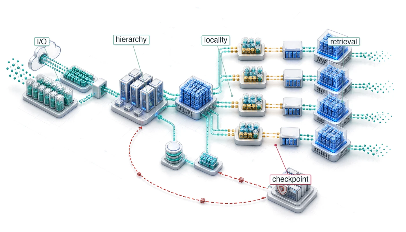 Fleet storage fuel-line hierarchy where data moves from object storage through NVMe, DRAM, and HBM tiers into accelerator workers.