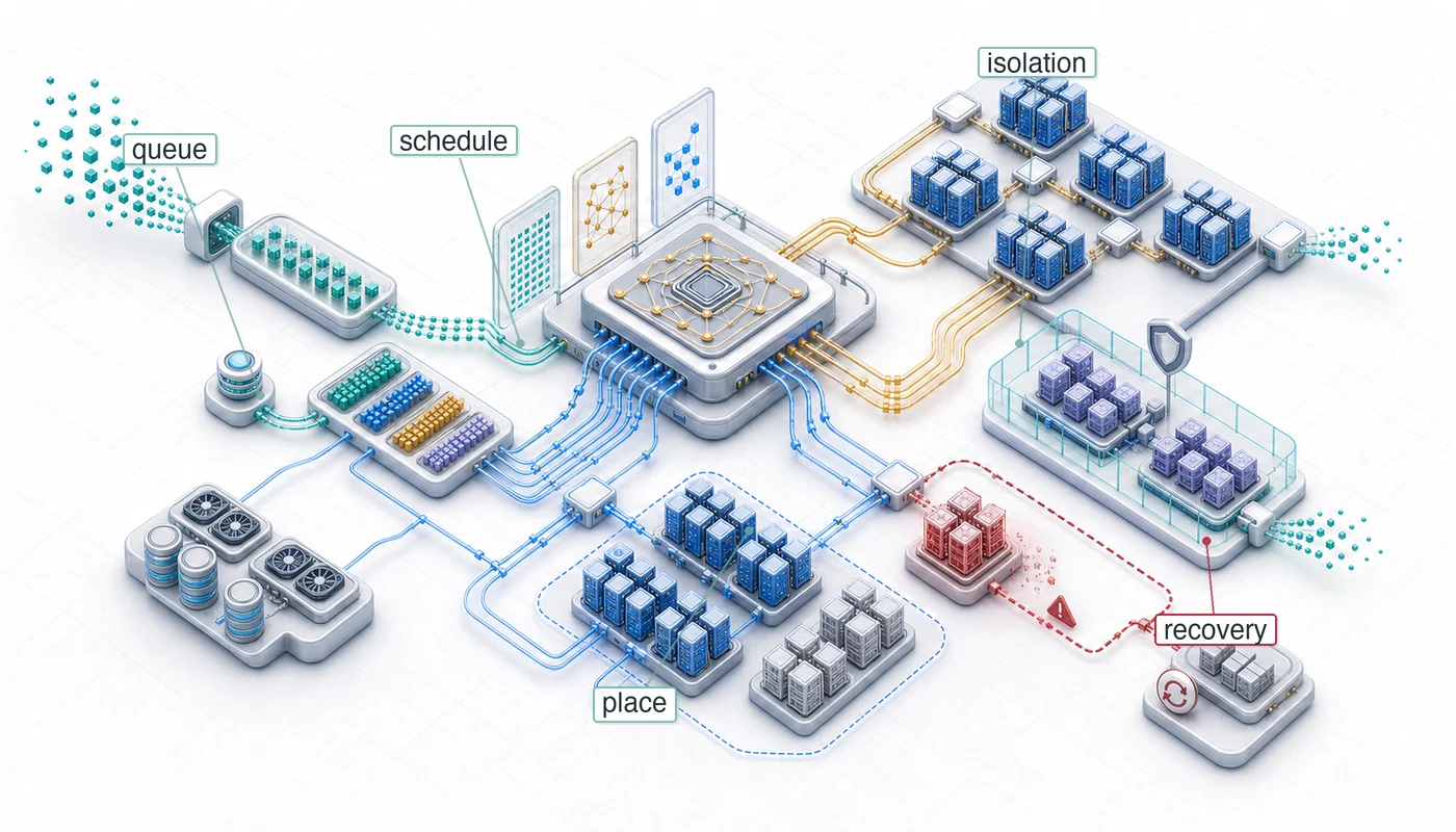 Scheduler control-plane blueprint where queued jobs are placed onto topology-aware accelerator capacity with preemption, recovery, and policy constraints.