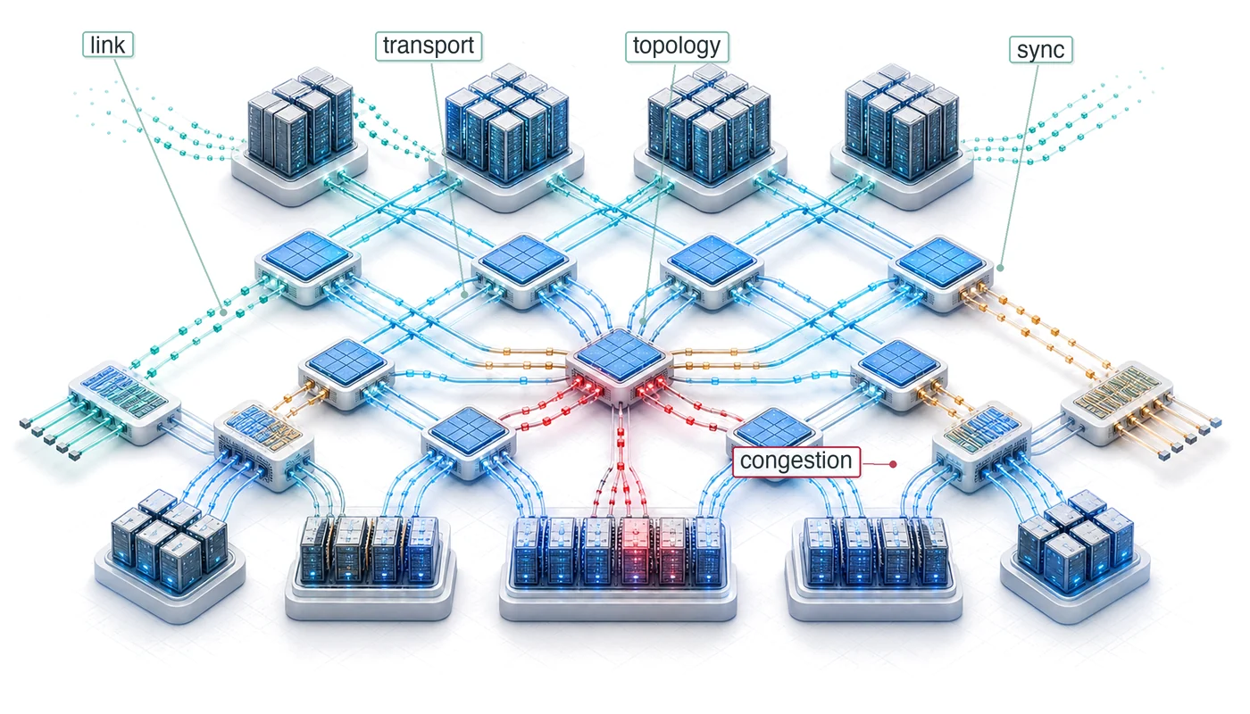 Isometric network fabric map connecting accelerator racks through elevated fabric layers with synchronization paths and a congestion constraint.