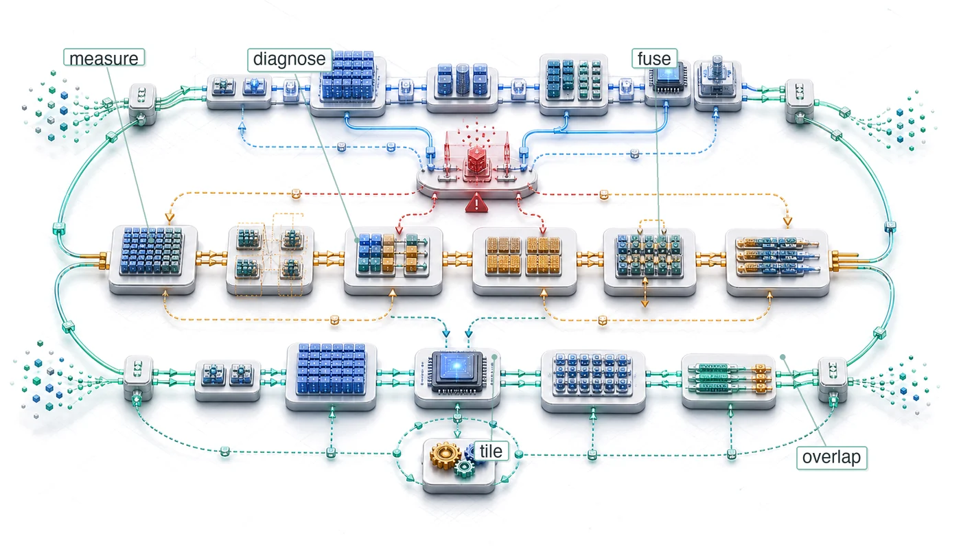 Performance engineering workbench where a fleet workload is measured, bottlenecks are diagnosed, and tiling, fusion, memory, and scheduling rewrites improve the path.