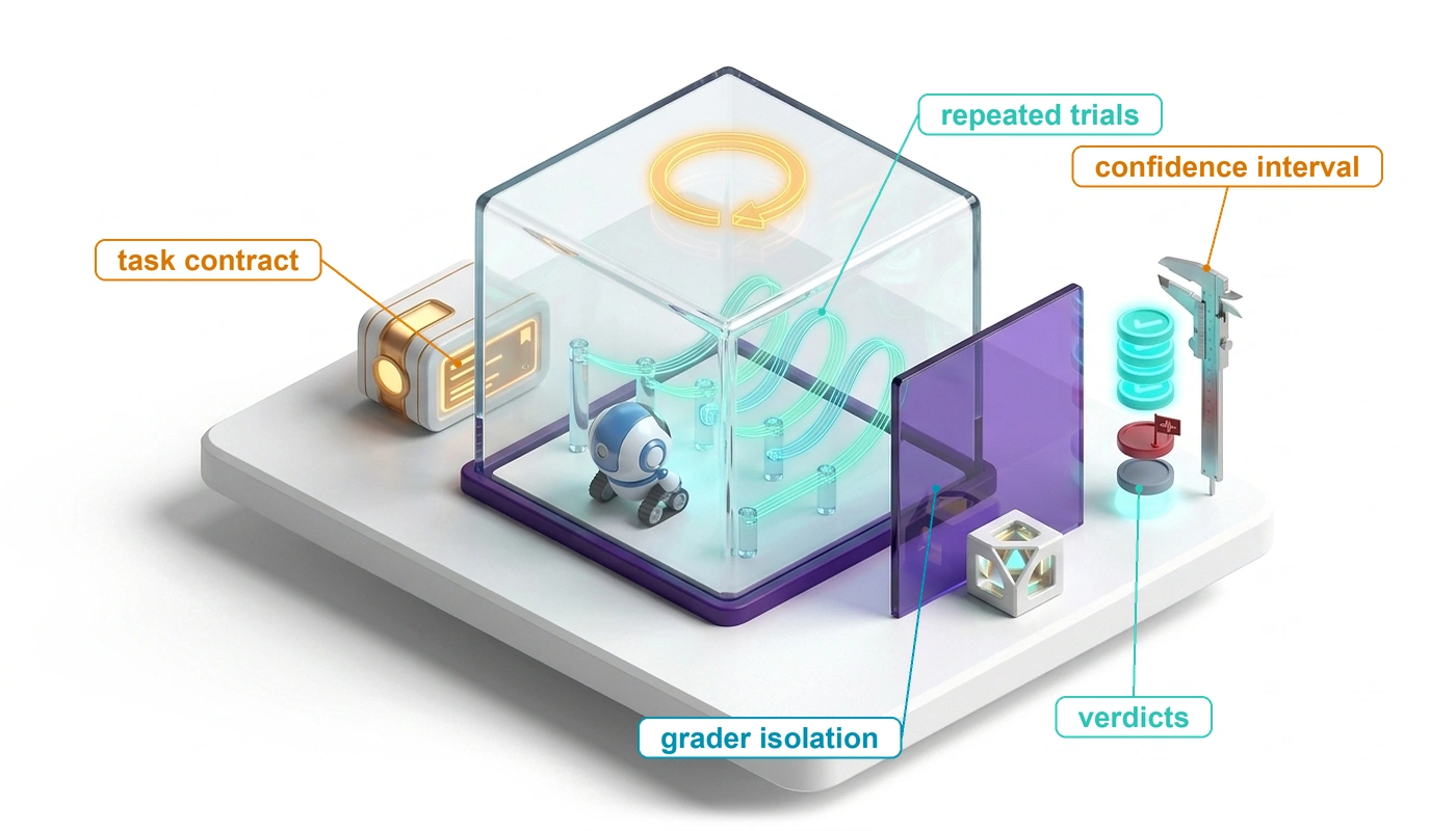 Isometric blueprint of an agent evaluation gym: a task contract card feeds a sealed glass test chamber with a reset ring, where a small robot runs repeated trial trajectories; outside, behind an isolation wall, a grader station sorts the runs into verdict tokens beside a caliper that stands for the confidence interval.