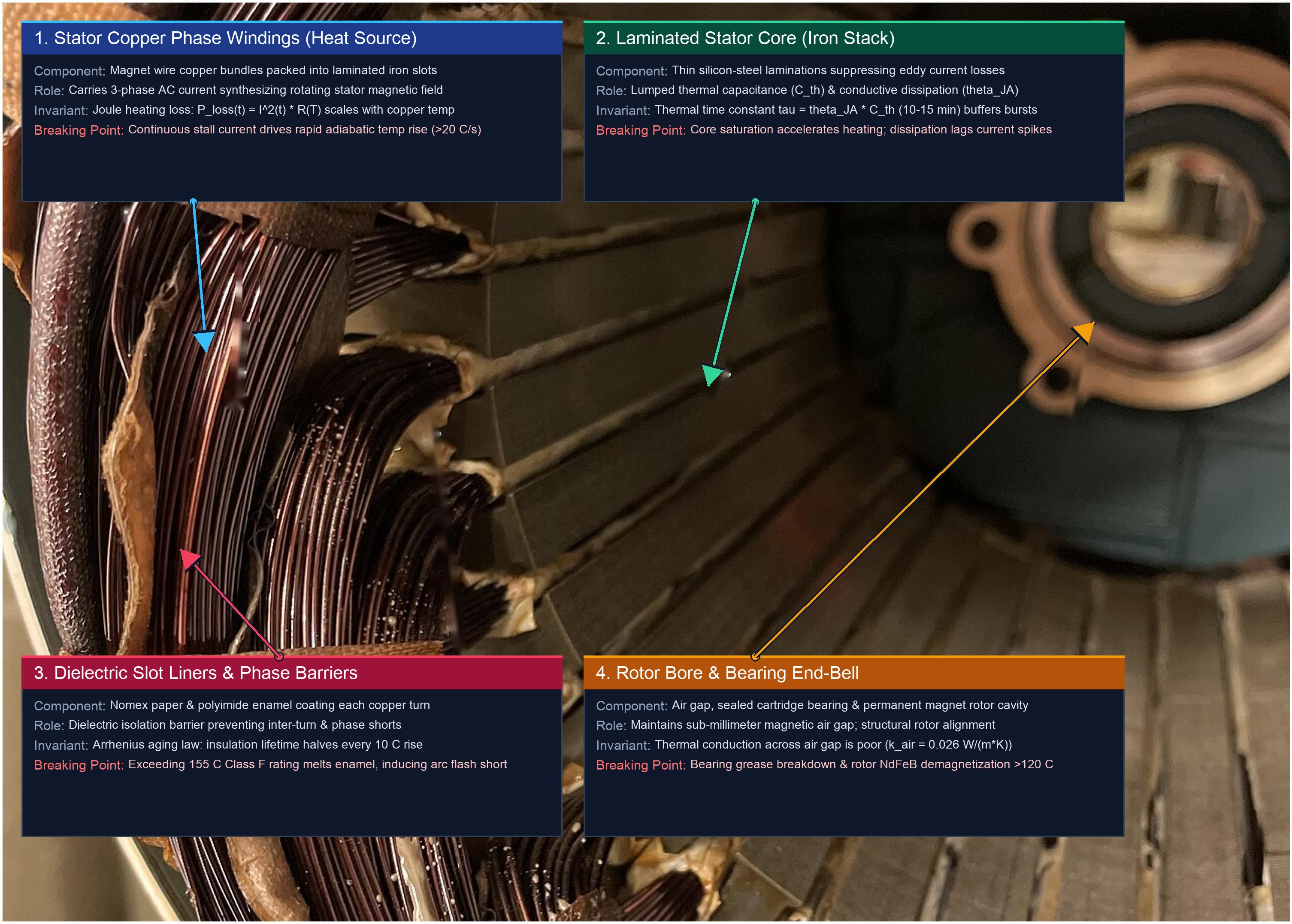 Annotated photograph of a damaged motor stator with callout badges highlighting copper phase windings, dielectric slot liners, laminated stator core, and rotor bore.